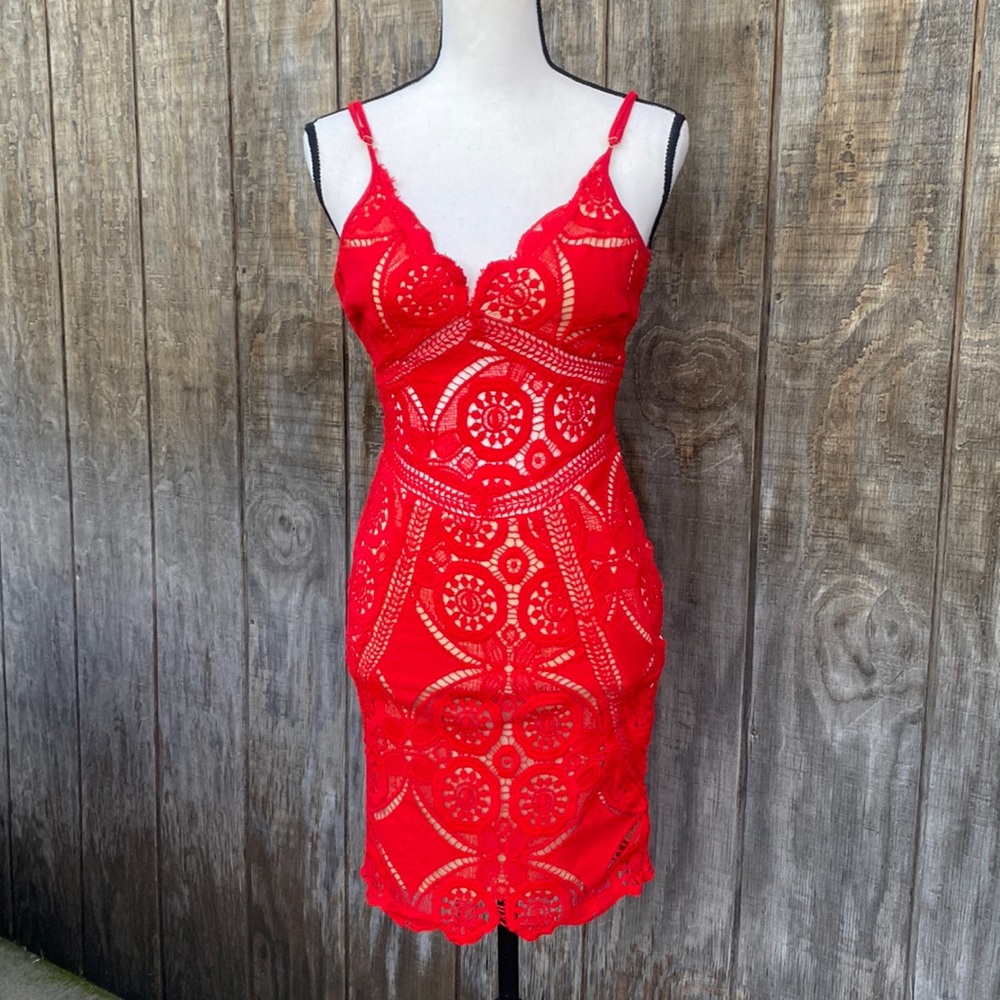 Fashion Nova Giving You My Heart Red Crochet Mini Dress Size S NWT